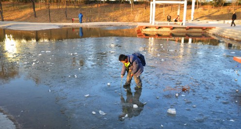 商洛：在湖面薄冰上玩耍 危險！